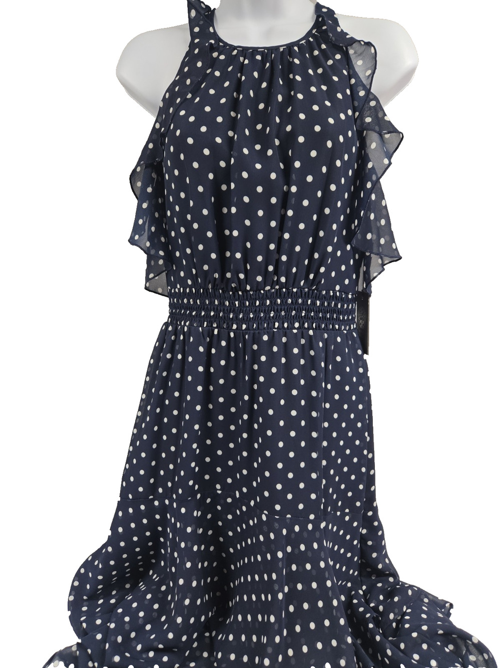 Vince Camuto Womens Dress Tiered Handkerchief Hem Navy White Dots Size 4 New